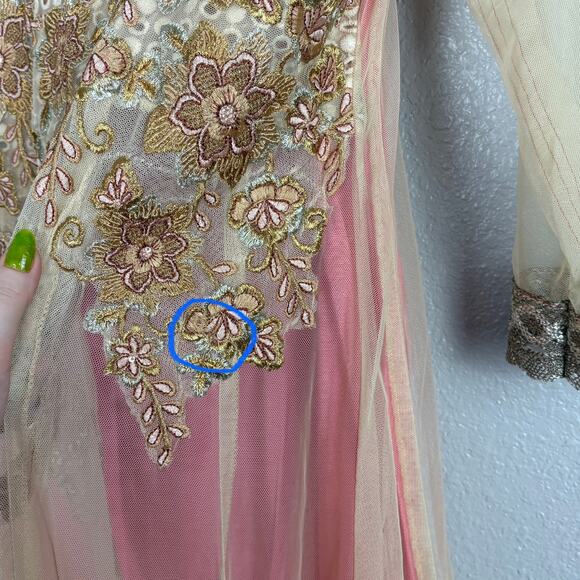 Approx M Pink Gold Embroidered Flowers Floral Anarkali Saree Gown Dress Layered - Picture 3 of 9